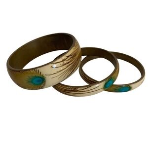 Bracelets Set Of 3 Peacock Feather Design‎ Copper Painted Enamel Turquoise Brown